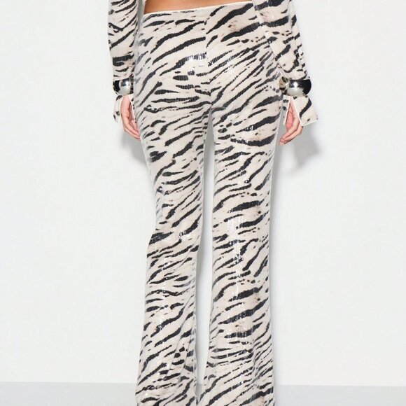 Contemporary Women's Sequin Zebra Print High Rise Flare Trousers - Picture 3 of 5